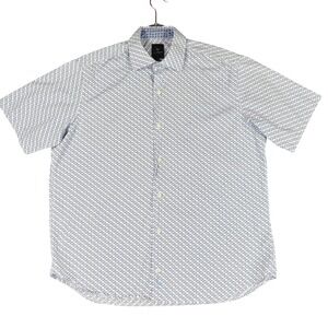 Tailorbyrd Collection Mens Large Blue White Geometric Floral Short Sleeve Shirt